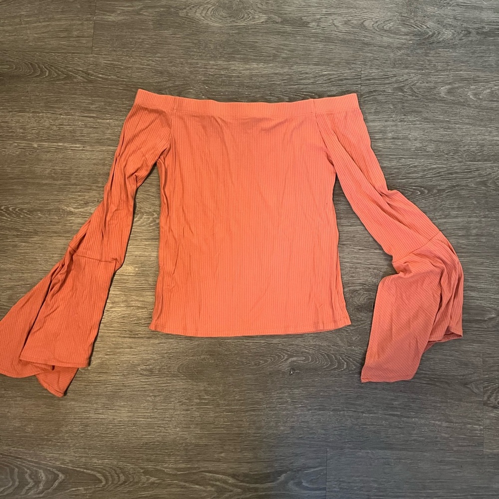 Off-Shoulder Coral Top with Flared Sleeves